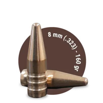 Bezolovnatá střela ráže 8mm, diametr .323, hmotnost 160grs. Tréninková střela Fox Target má identickou balistiku, jako Fox Classic Hunter.